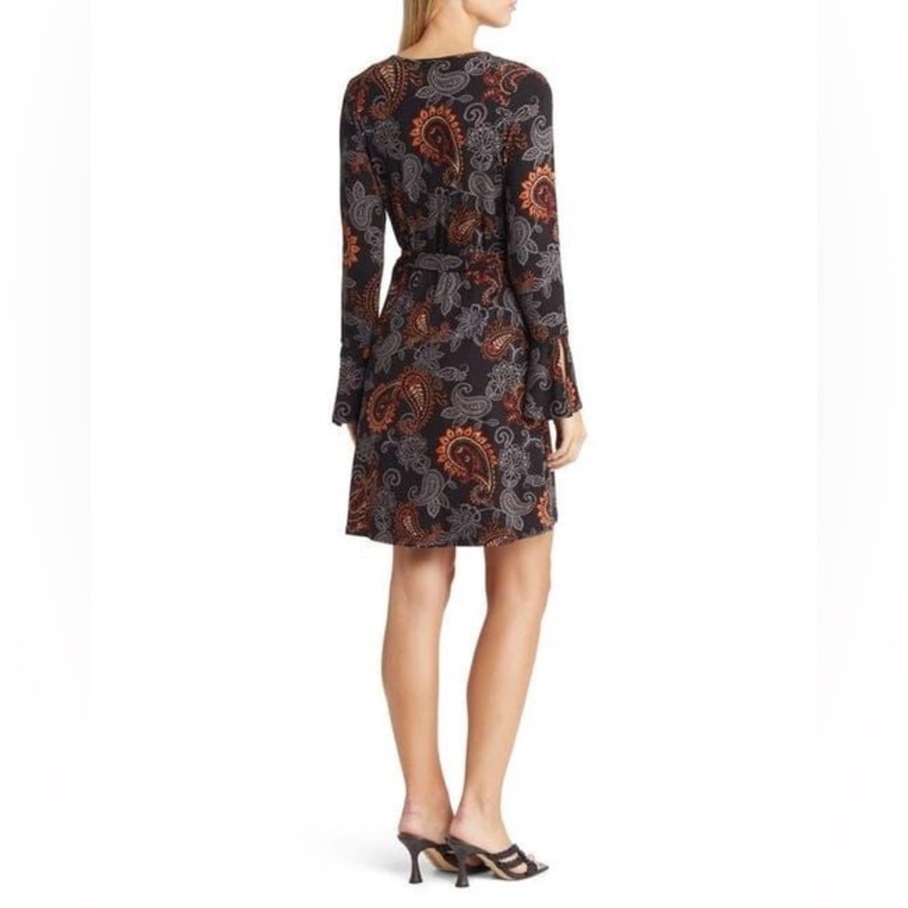 Loveappella Black Boho Paisley Long Sleeve Faux Wrap Dress Women’s Size Large - Picture 4 of 11